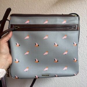 Fossil Gray Crossbody Bag with Bird Print